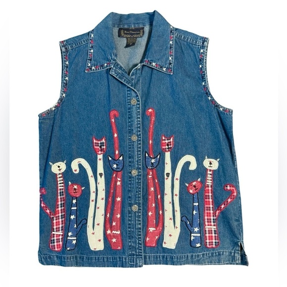 New Directions Vintage Women’s Denim Cat Lady Patriotic Sleeveless top Size M - Picture 2 of 13